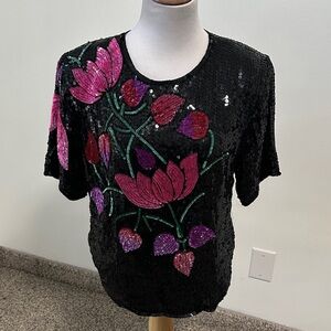 🔮 Vintage Royal Collections Full Sequin 100% Silk Blouse